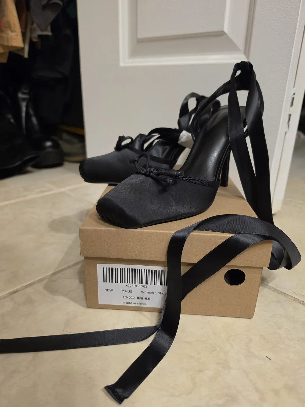 Black Satin Lace-Up Square-Toe Stiletto Heels